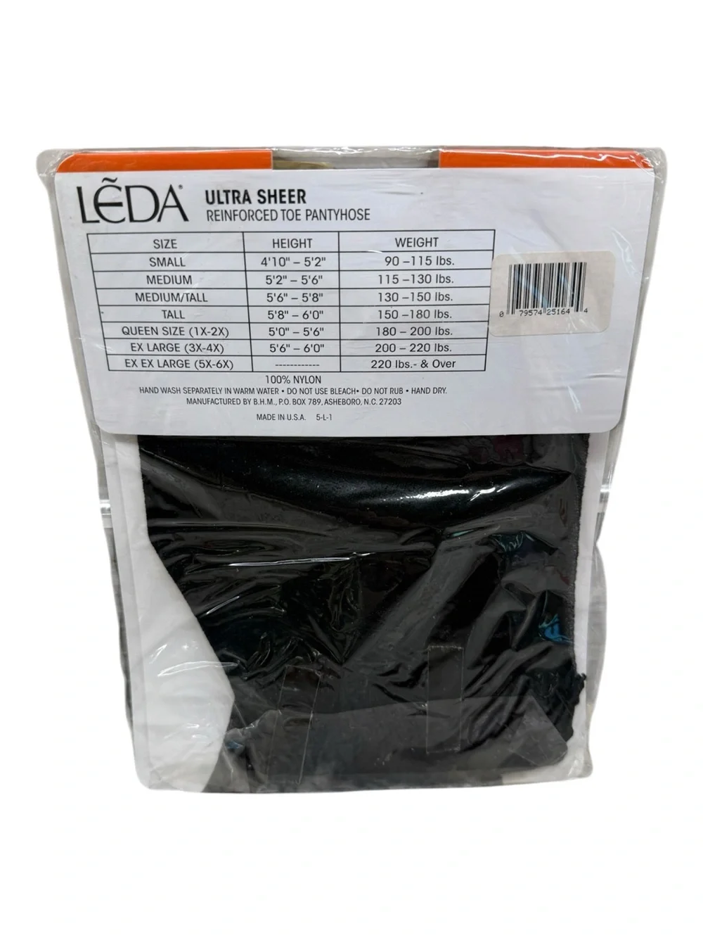 Leda Ultra Invisibly Sheer Pantyhose Reinforced Toe 525 Tall Black 100% Nylon